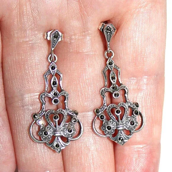 Sterling Silver Art Deco Chandelier Marcasite Earrings - Picture 5 of 5
